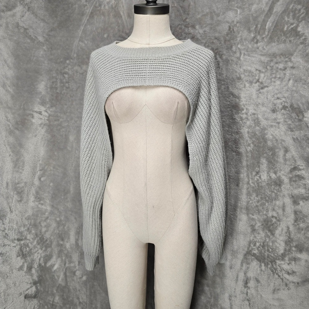 Shrug Sweater Women OS Grey Knit Super Crop Bolero Long Sleeve Minimal Chunky
